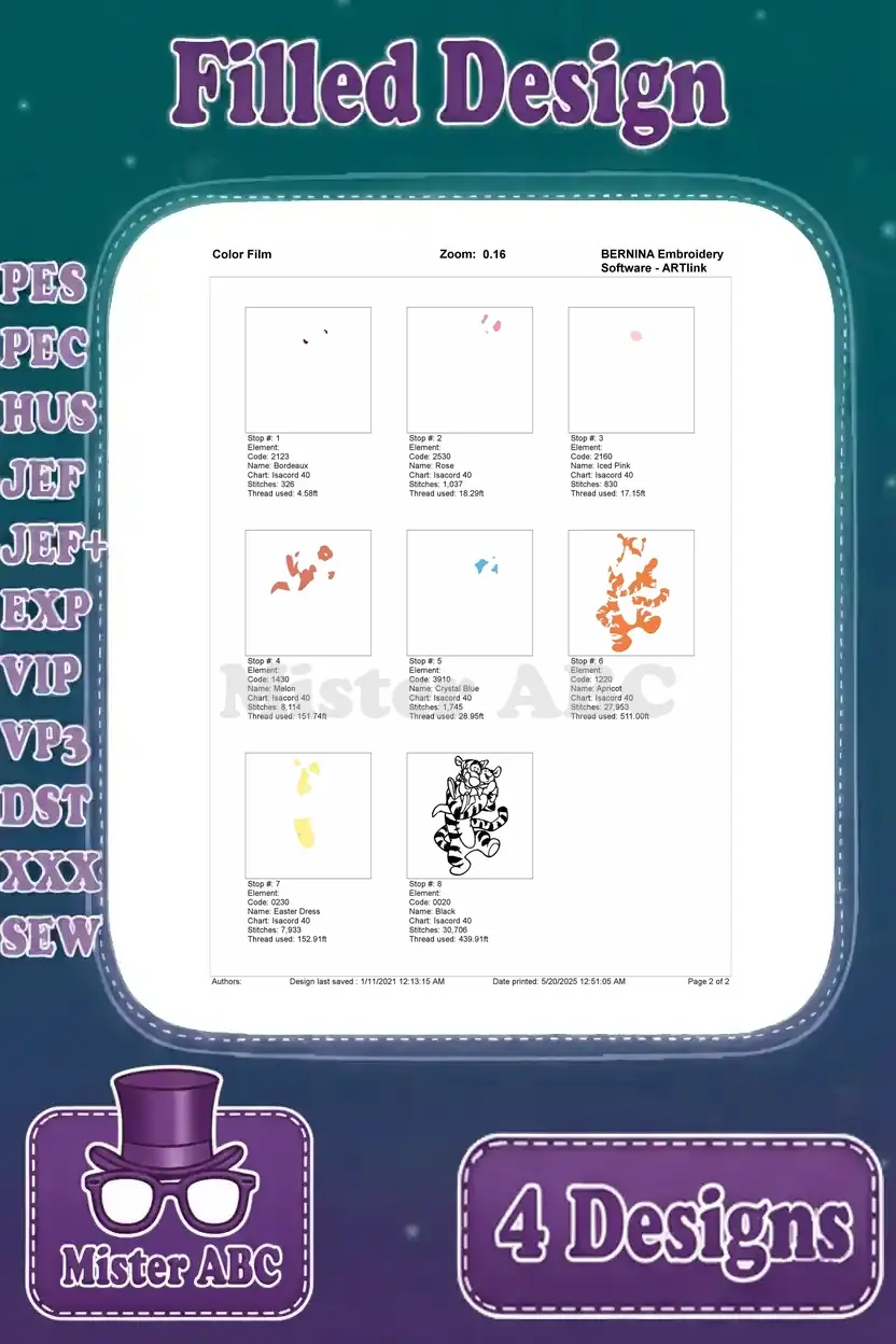 Color film sequence for the Tigger and Roo hugging filled embroidery design, showing each thread stop and stitch order.