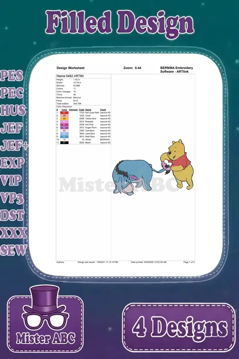 Design worksheet for the Pooh pulling Eeyore's tail embroidery, detailing stitch count, color sequence, and hoop size.