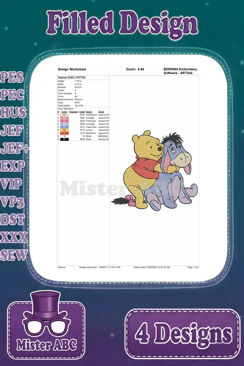Design worksheet for the Pooh hugging Eeyore embroidery, detailing stitch count, color sequence, and hoop size.