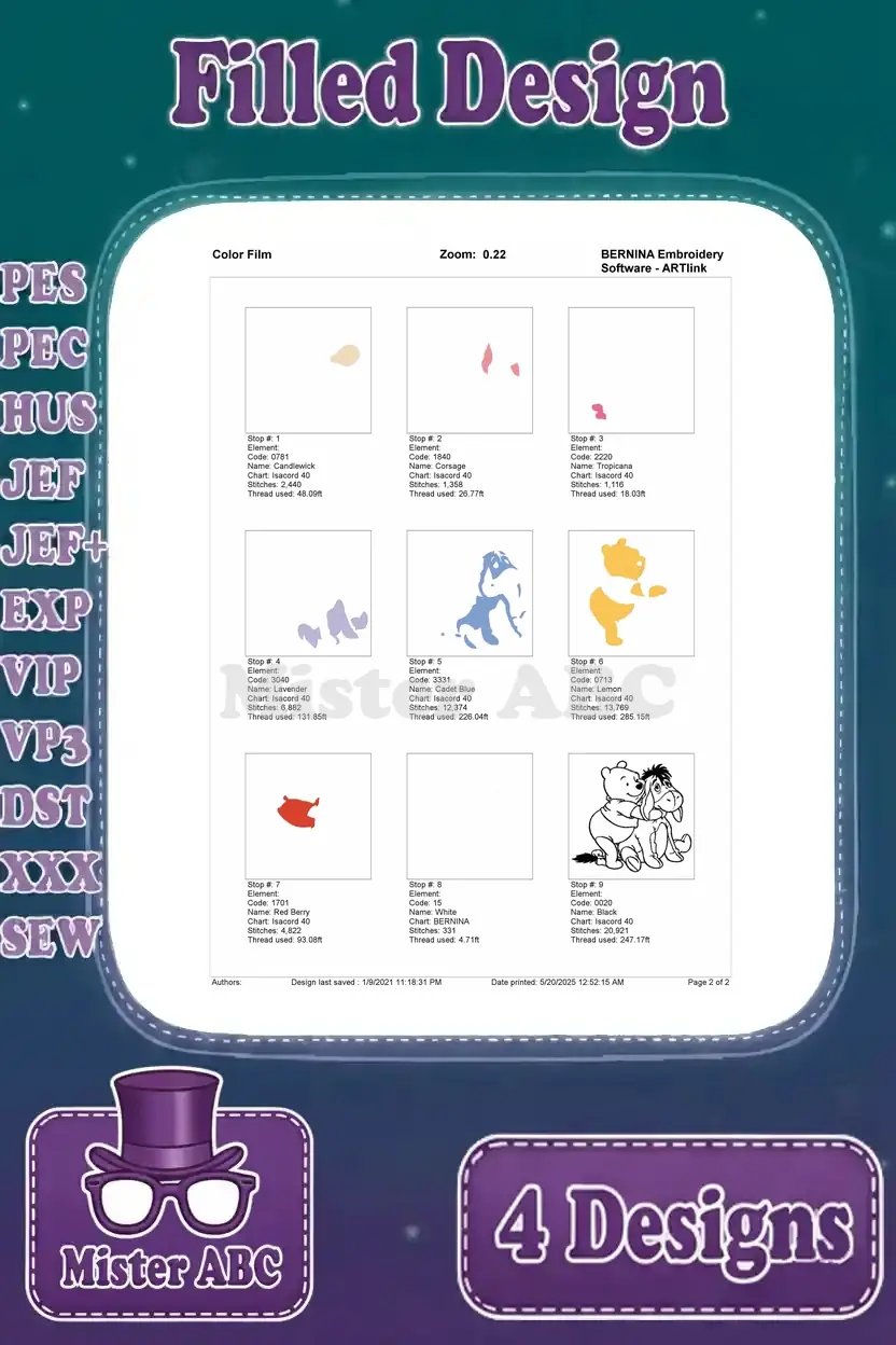 First page of the color film for the Pooh hugging Eeyore embroidery design, detailing initial color stops.