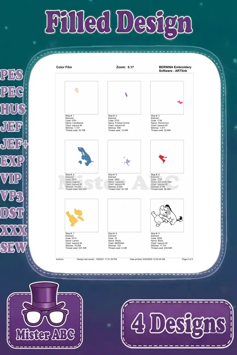 First page of the color film for the Pooh and Eeyore cuddling embroidery design, detailing initial color stops.