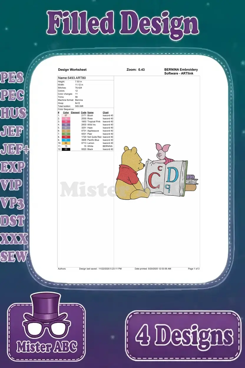 Detailed design worksheet for the Winnie the Pooh and Piglet reading design, showing stitch count, colors, and dimensions.