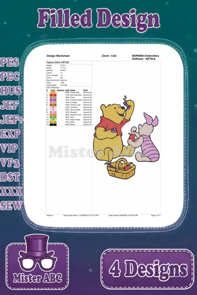 Detailed design worksheet for the Winnie the Pooh and Piglet with apple basket design, outlining stitches and colors.