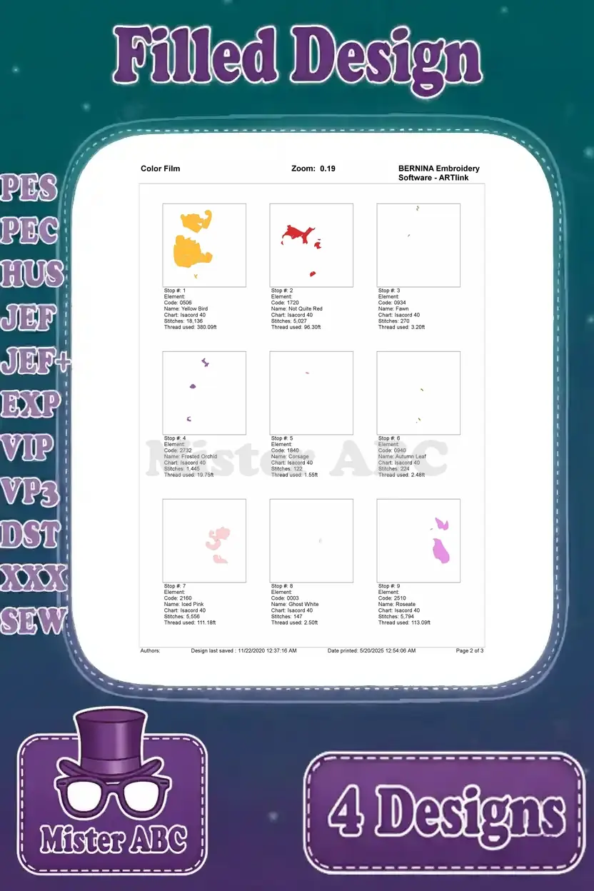 First page of the color film for the Pooh and Piglet apple basket design, detailing initial thread changes and stitch stops.