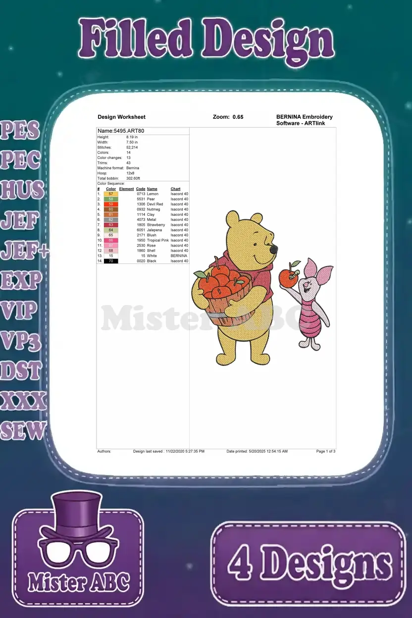 Detailed design worksheet for the Winnie the Pooh and Piglet with individual apples design, outlining stitches and colors.