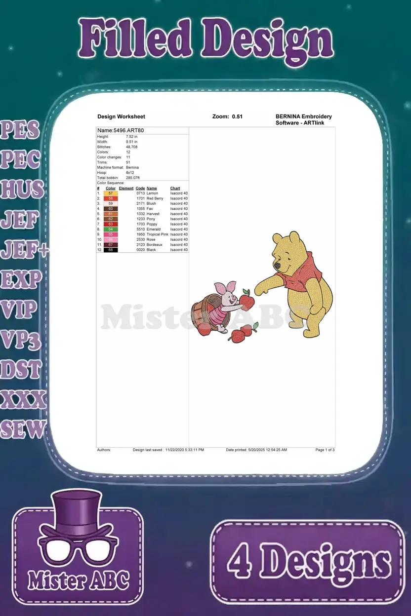 Detailed design worksheet for the Winnie the Pooh and Piglet with apple barrel design, outlining stitches and colors.