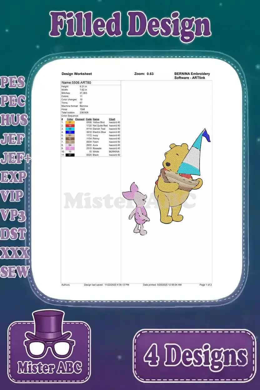 Embroidery design worksheet for Winnie the Pooh and Piglet holding a sailboat, detailing stitch information and colors.