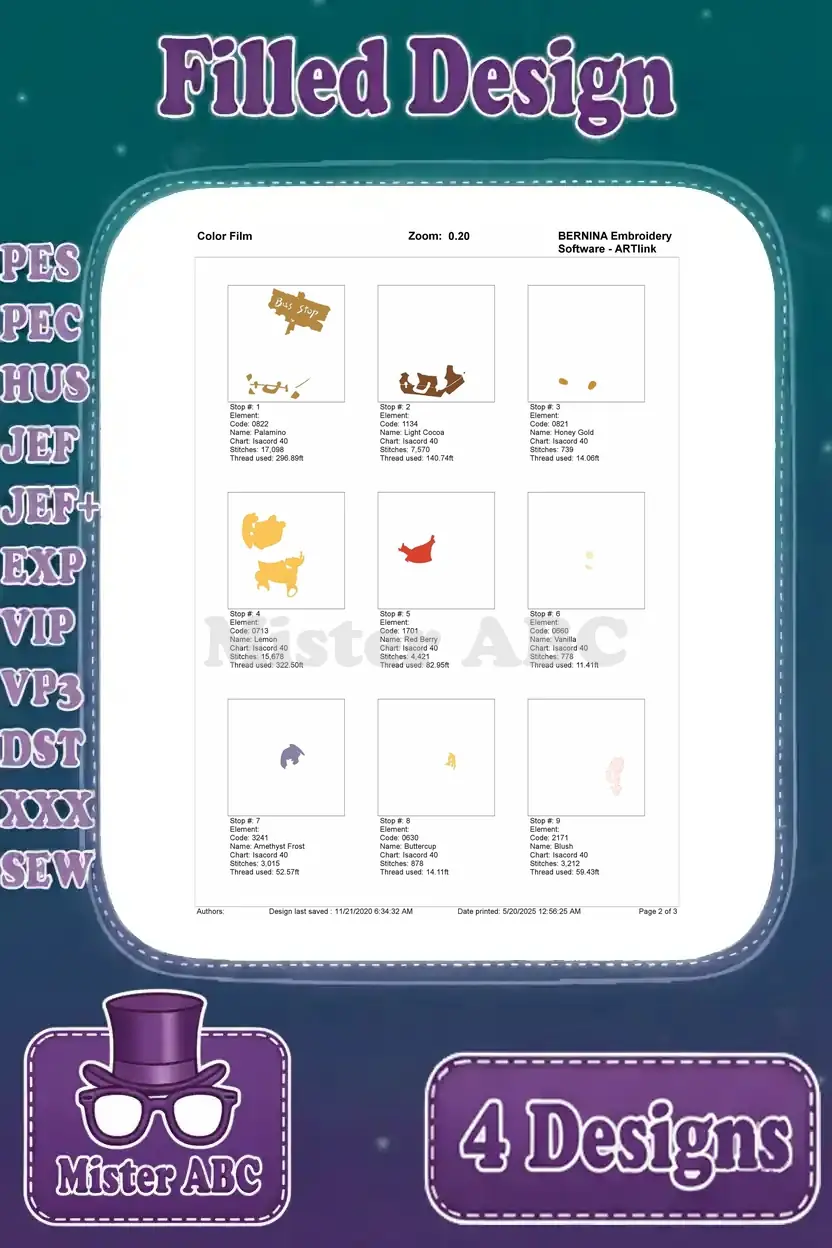 First page of the color film for Winnie the Pooh and Piglet at a bus stop embroidery design, showing stitch order.