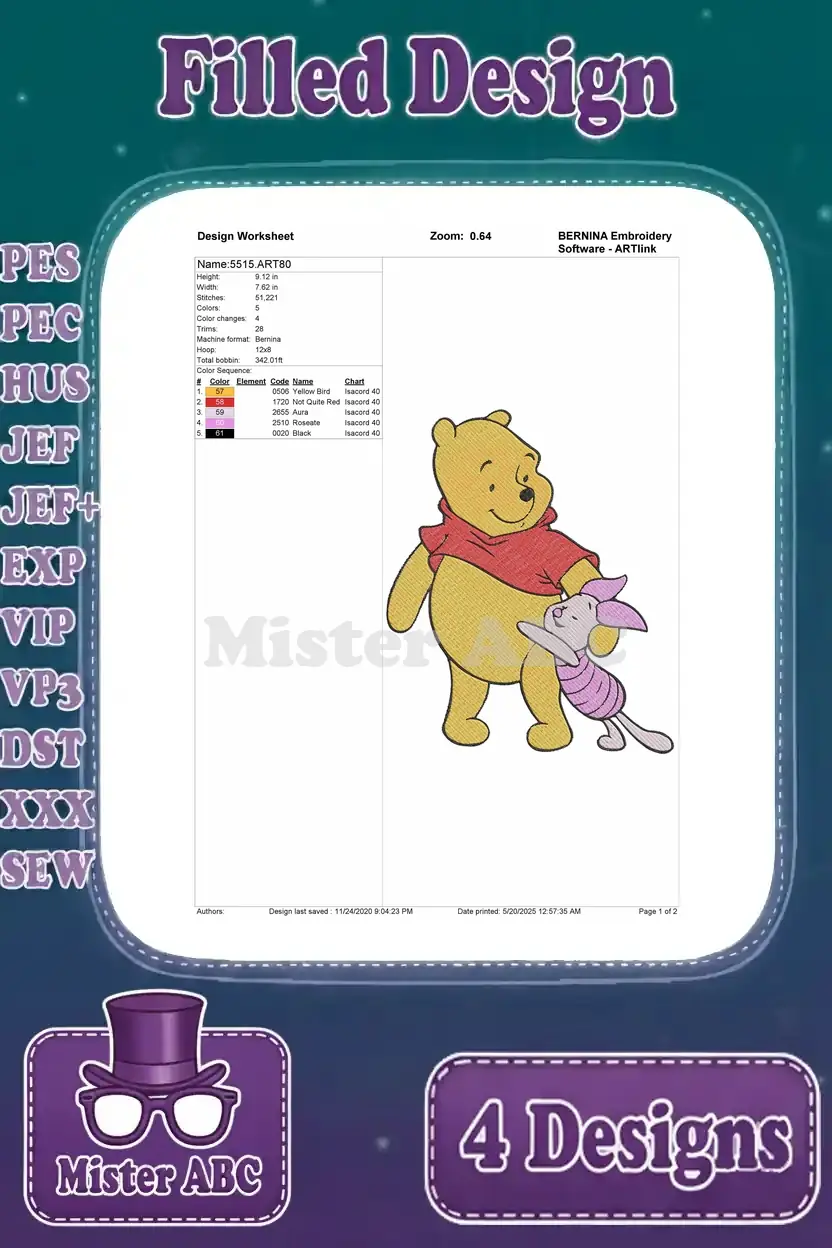 Design worksheet for a heartwarming Winnie the Pooh hugging Piglet embroidery, detailing stitch count and colors.