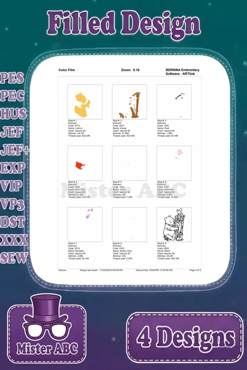 Color film visualization for the Winnie the Pooh and Piglet harp embroidery design, detailing stitch order.