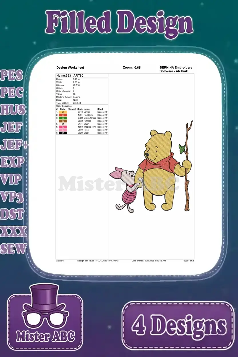Embroidery design worksheet for Winnie the Pooh and Piglet walking together, detailing stitch and color info.