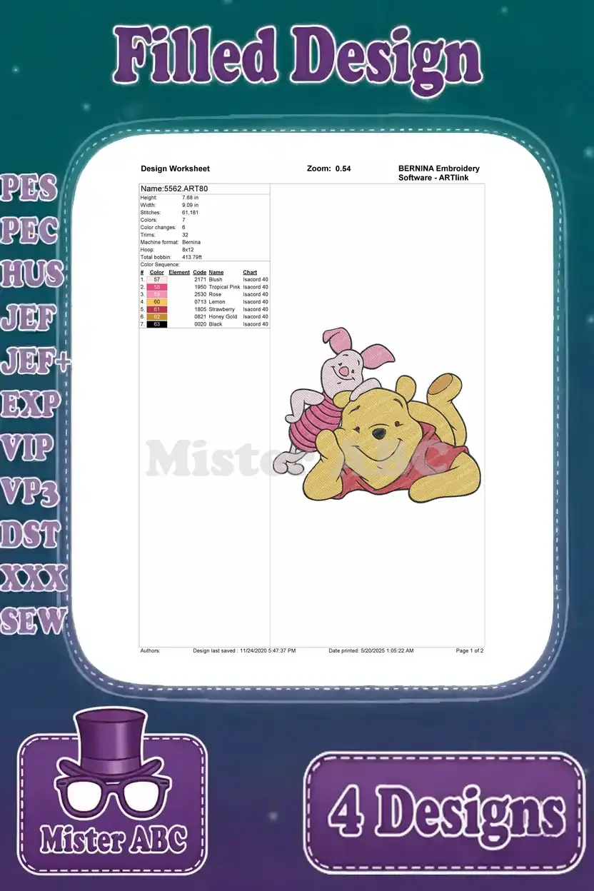 Design worksheet for Winnie the Pooh and Piglet lying together, detailing stitch count, colors, and hoop size.