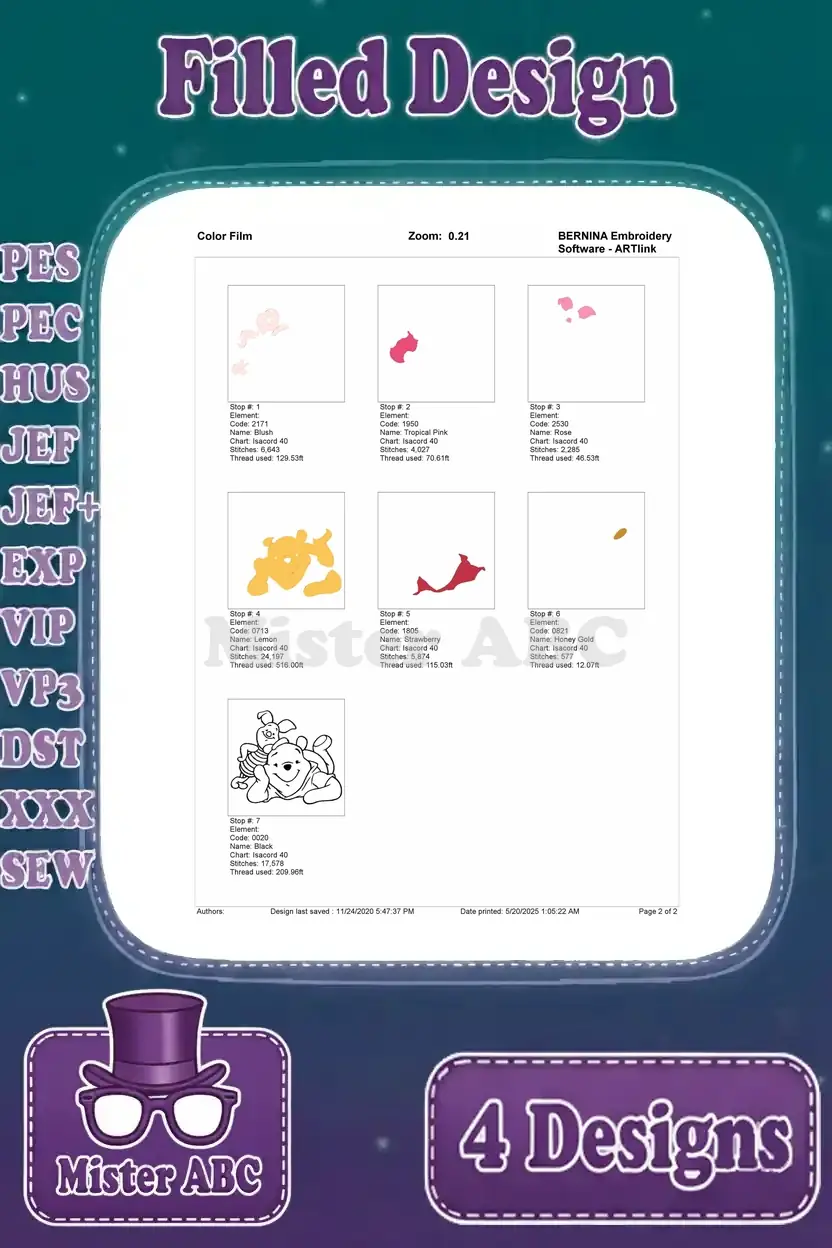 Color film breakdown for the Winnie the Pooh and Piglet lying down embroidery design, showing each color layer.