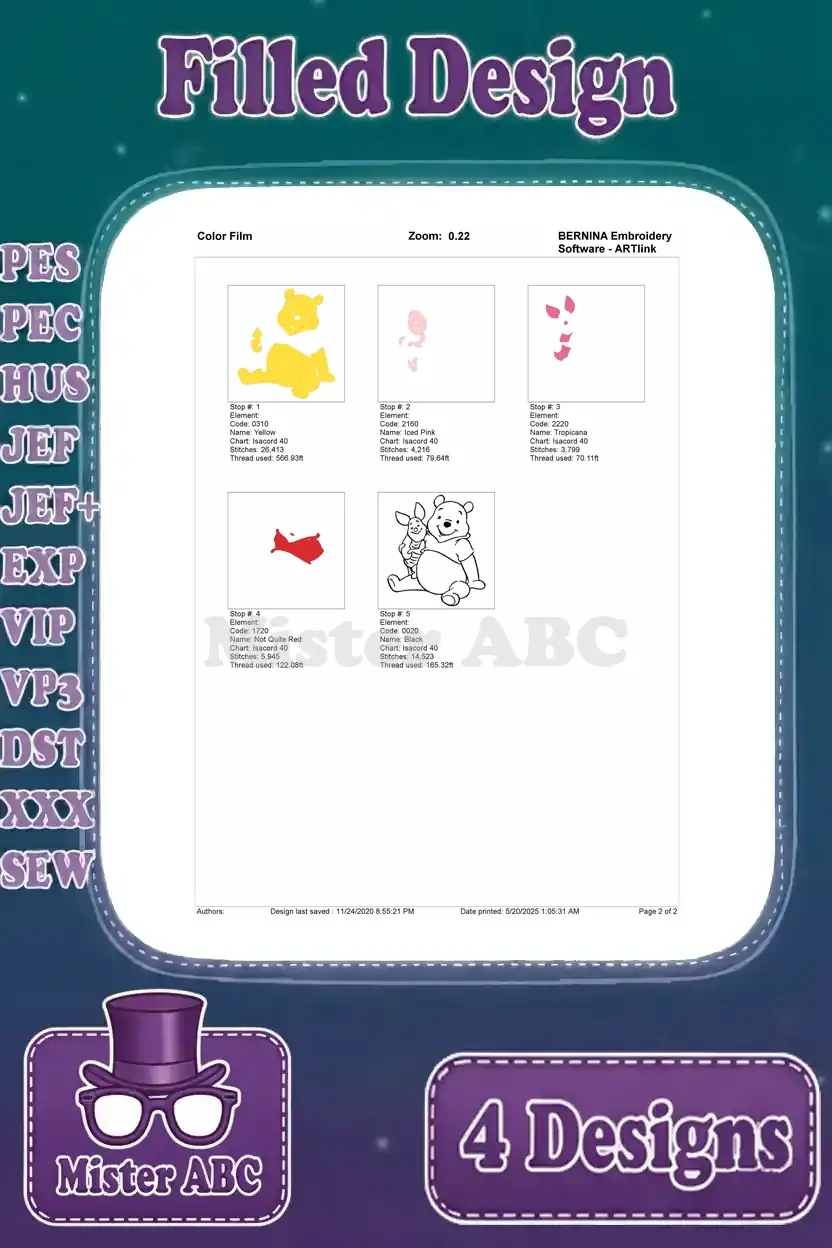 Color film breakdown for Winnie the Pooh sitting with Piglet embroidery design, illustrating stitch layers.