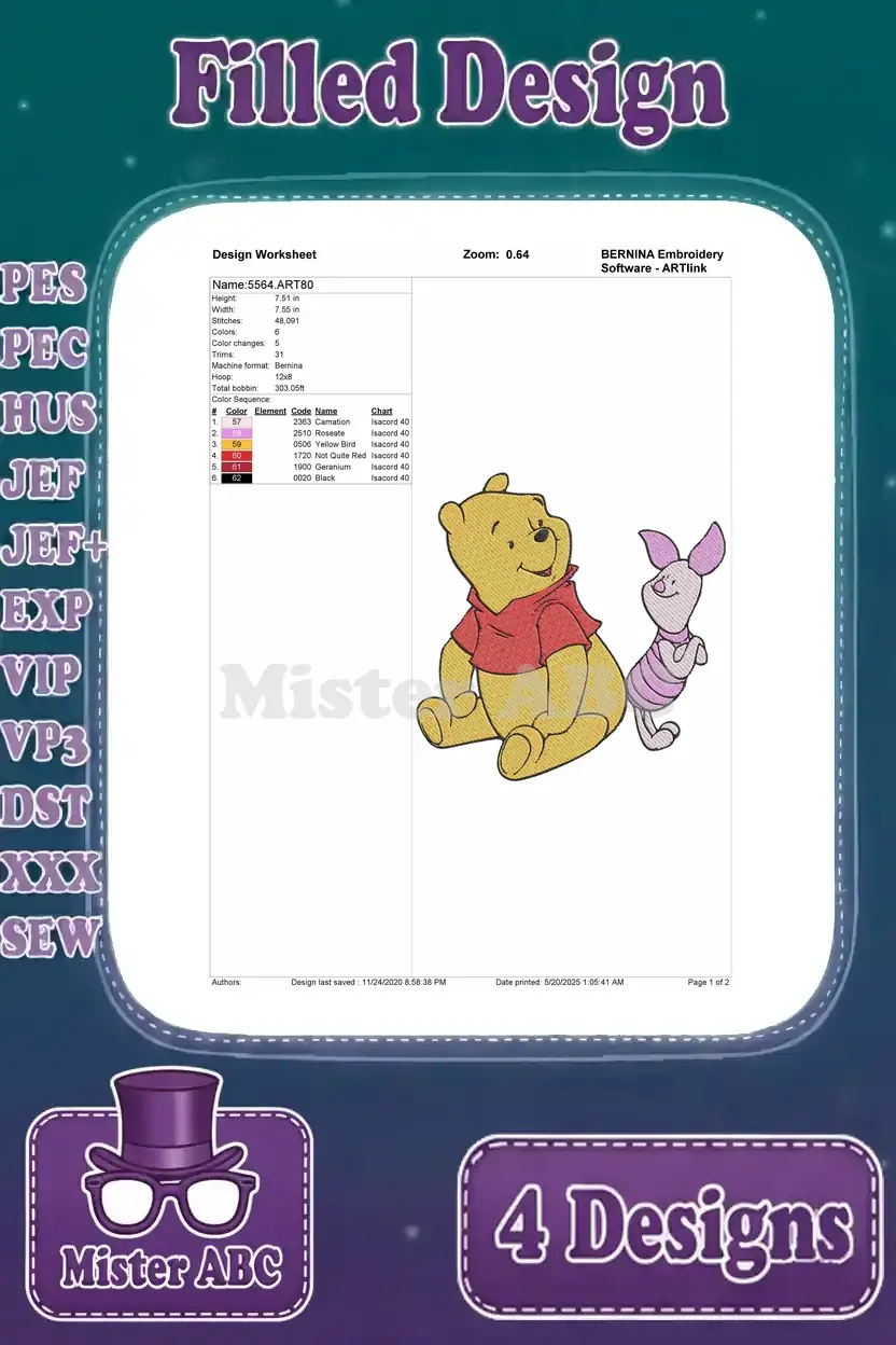 Design worksheet for Winnie the Pooh and Piglet sitting, detailing stitch count, thread colors, and dimensions.