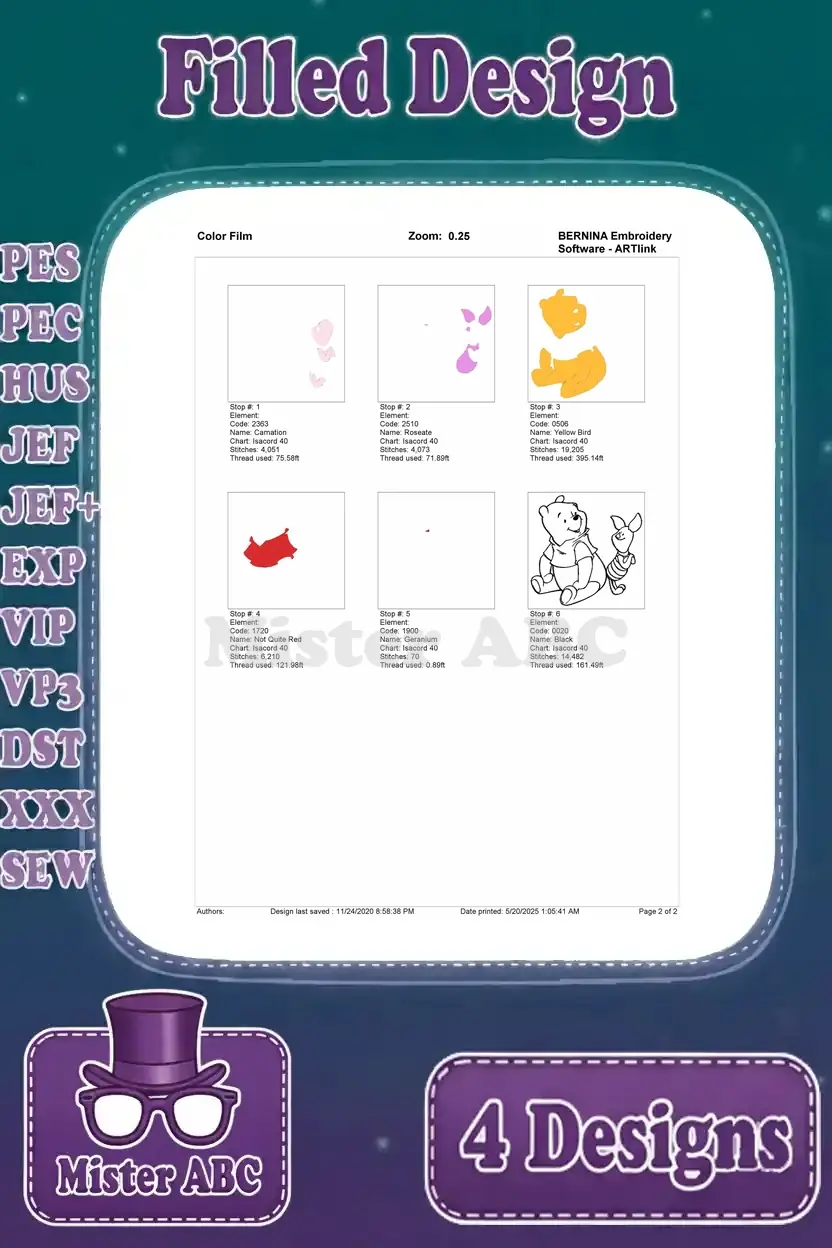 Color film breakdown for Winnie the Pooh and Piglet sitting embroidery design, showing each color layer.