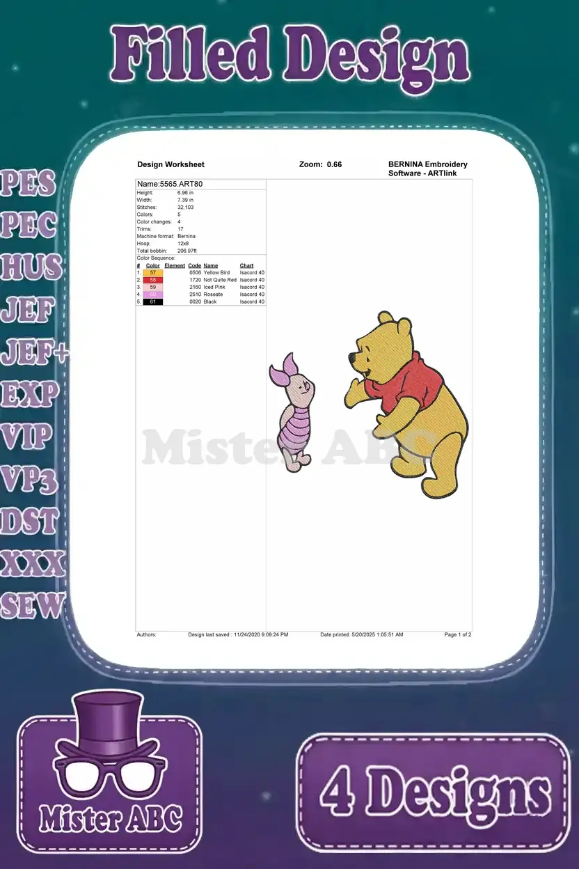 Design worksheet for Winnie the Pooh reaching with Piglet, detailing stitch count, colors, and hoop size.