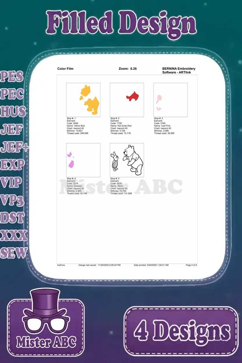 Color film breakdown for Winnie the Pooh reaching with Piglet embroidery design, showing each color layer.