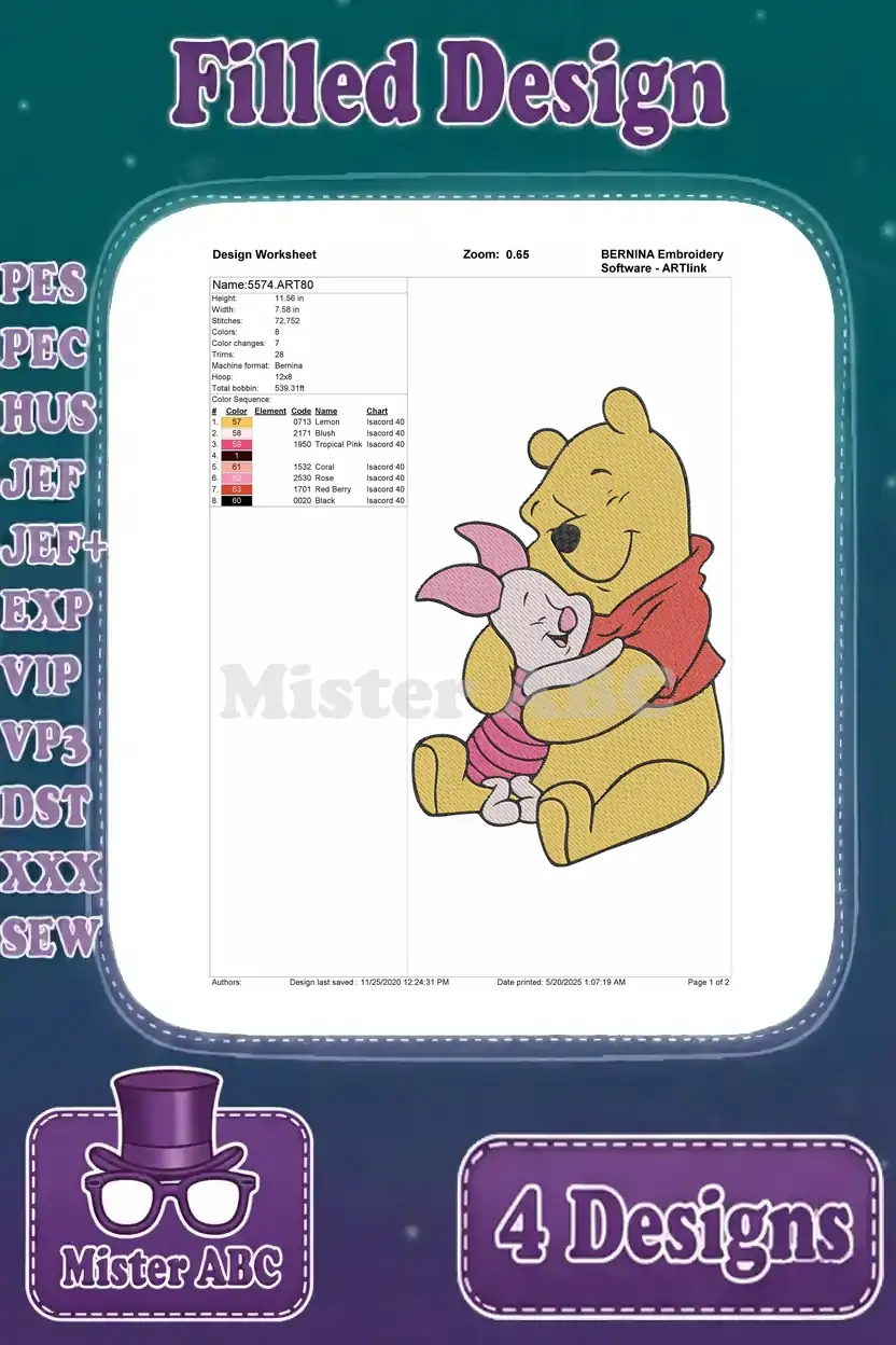 Detailed design worksheet for a Winnie the Pooh hugging Piglet embroidery, showing stitch count and colors.
