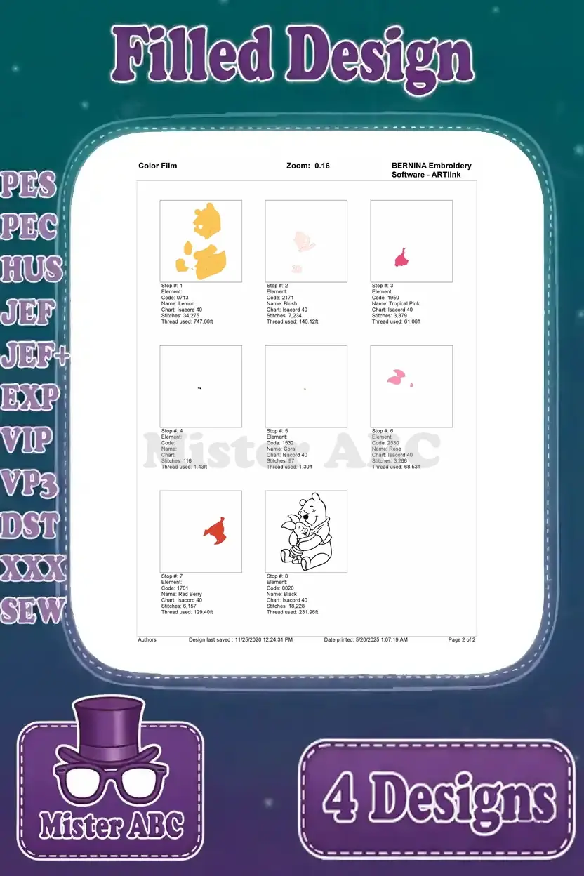 Color film breakdown for the Pooh and Piglet hugging embroidery design, detailing individual color fills.