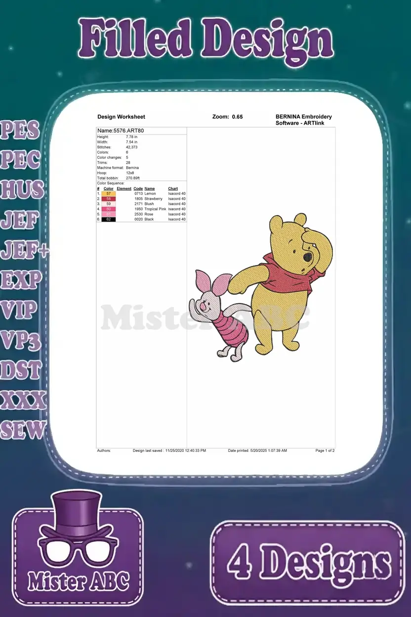 Worksheet for Winnie the Pooh and Piglet walking together, showing stitch data and color instructions.