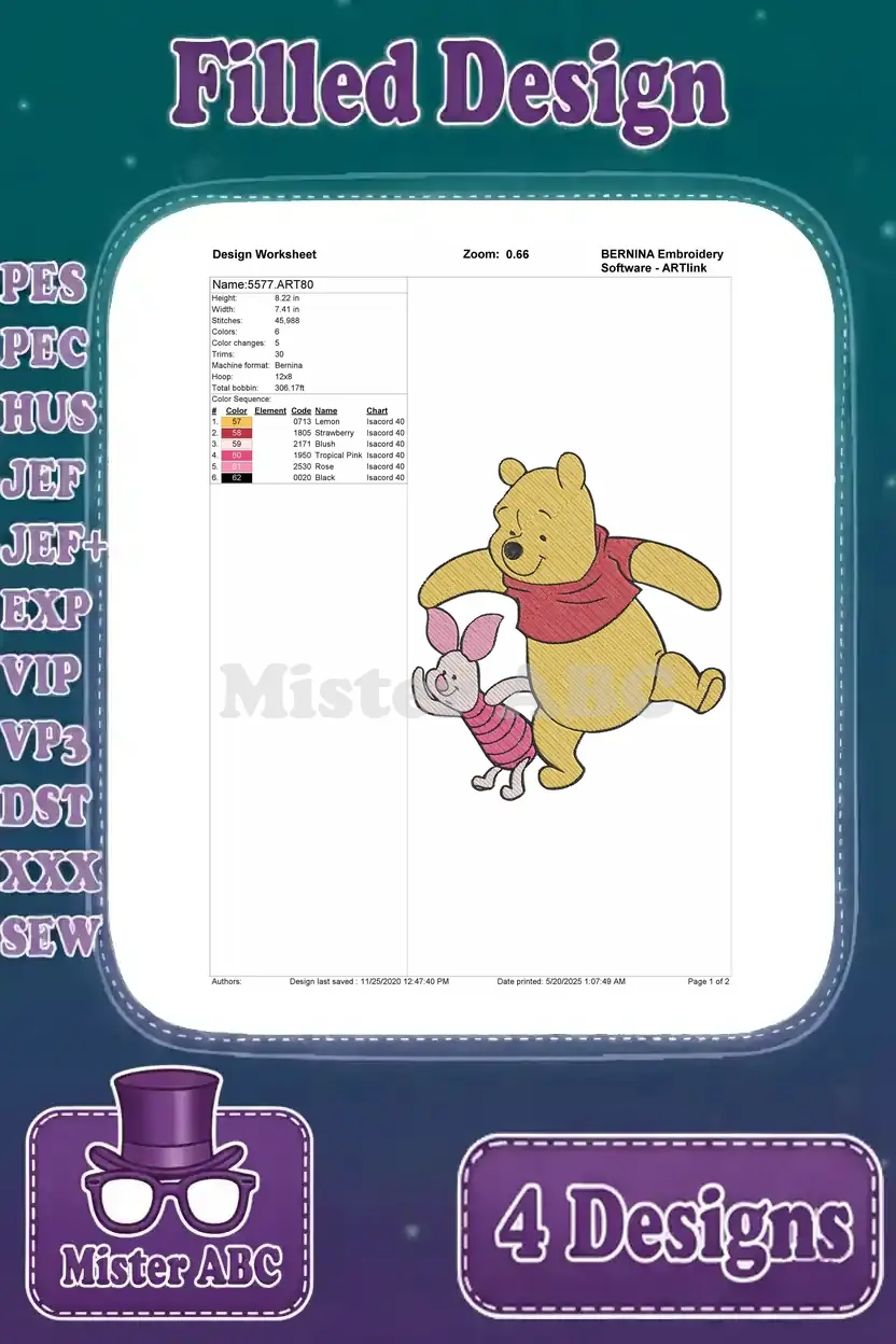 Worksheet for Winnie the Pooh and Piglet dancing, detailing stitch count, color sequence, and hoop size.