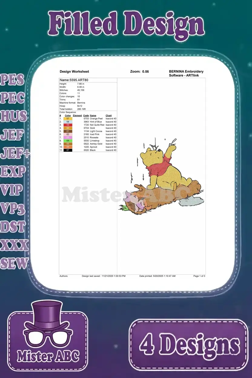 Detailed design worksheet for a Winnie the Pooh and Piglet filled embroidery design, showing thread colors and stitch count.