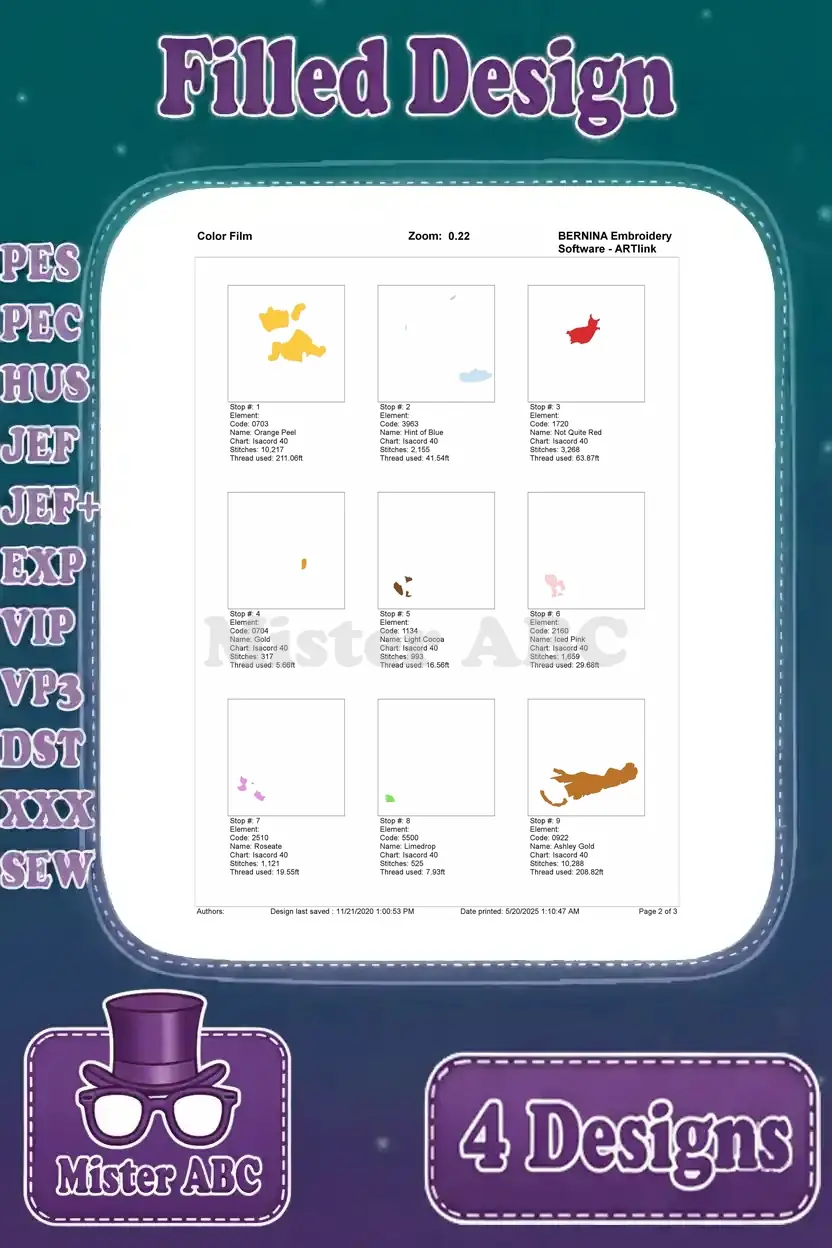 First page of the color film for the Pooh and Piglet playing filled embroidery design, showing initial stitch steps.