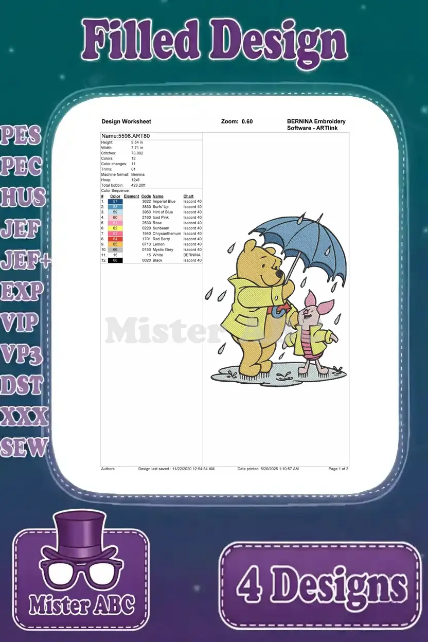 Detailed design worksheet for Winnie the Pooh and Piglet under an umbrella filled embroidery, including thread chart.