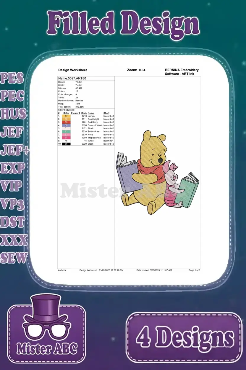 Detailed design worksheet for the Winnie the Pooh and Piglet reading filled embroidery design, with thread information.