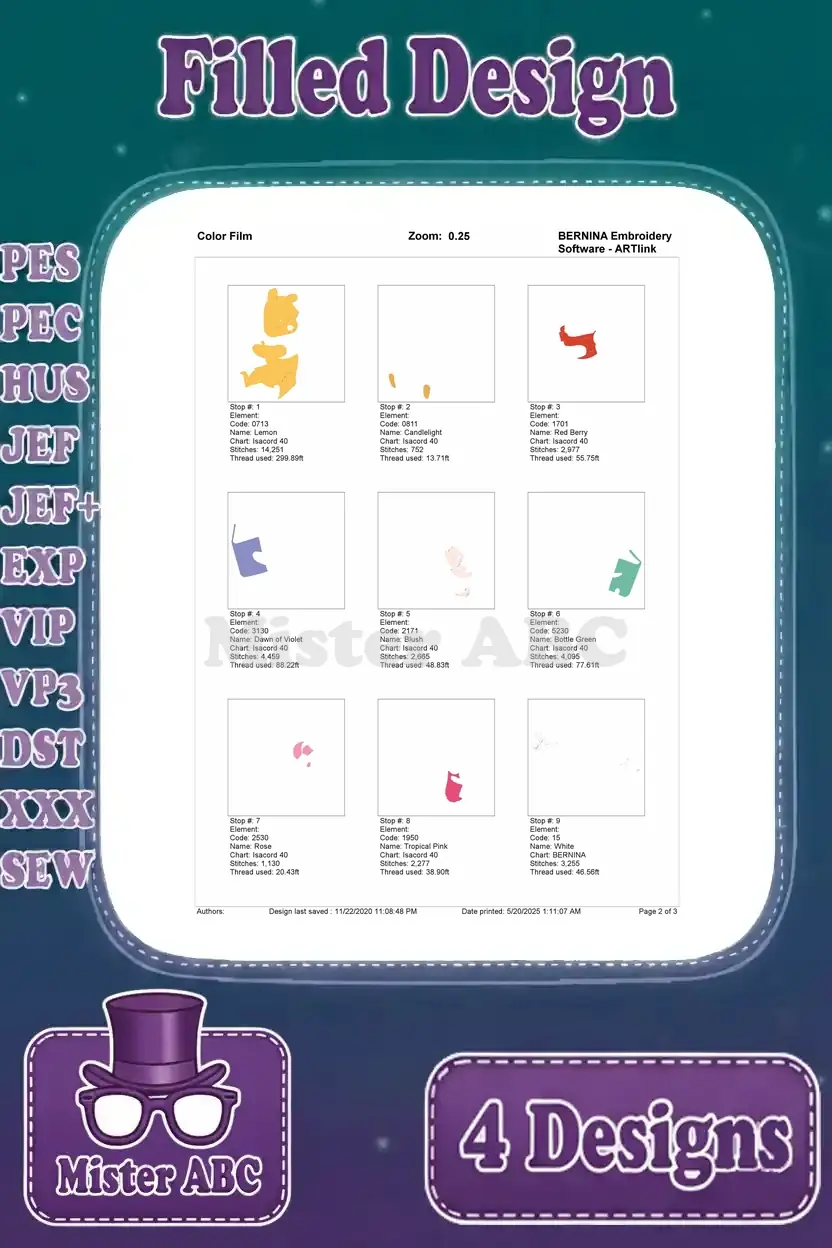 First page of the color film for the Pooh and Piglet reading filled embroidery design, showing early thread steps.
