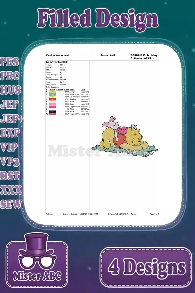 Detailed design worksheet for the Winnie the Pooh and Piglet sleeping filled embroidery design, with thread chart.