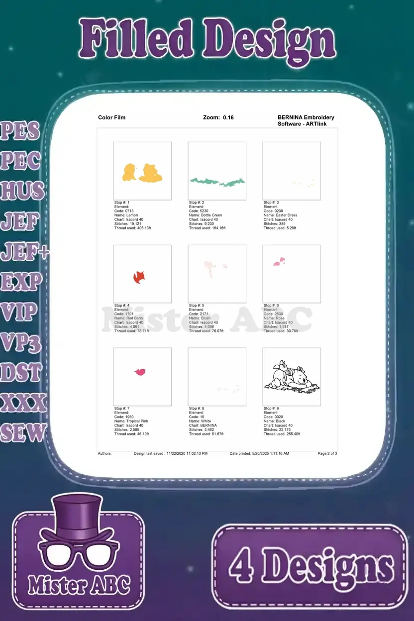 First page of the color film for the Pooh and Piglet sleeping filled embroidery design, showing early thread steps.