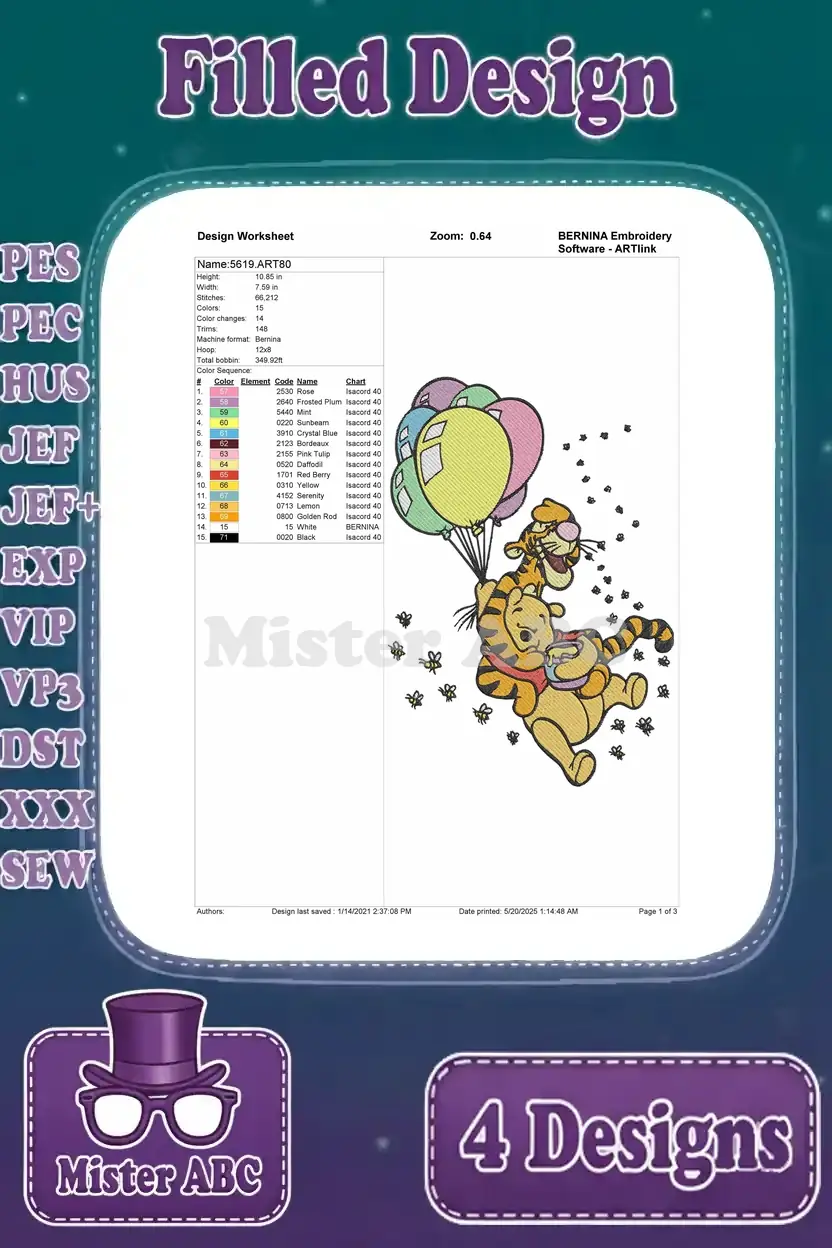 Detailed design worksheet for Winnie the Pooh and Tigger with balloons embroidery pattern, listing colors and stitches.