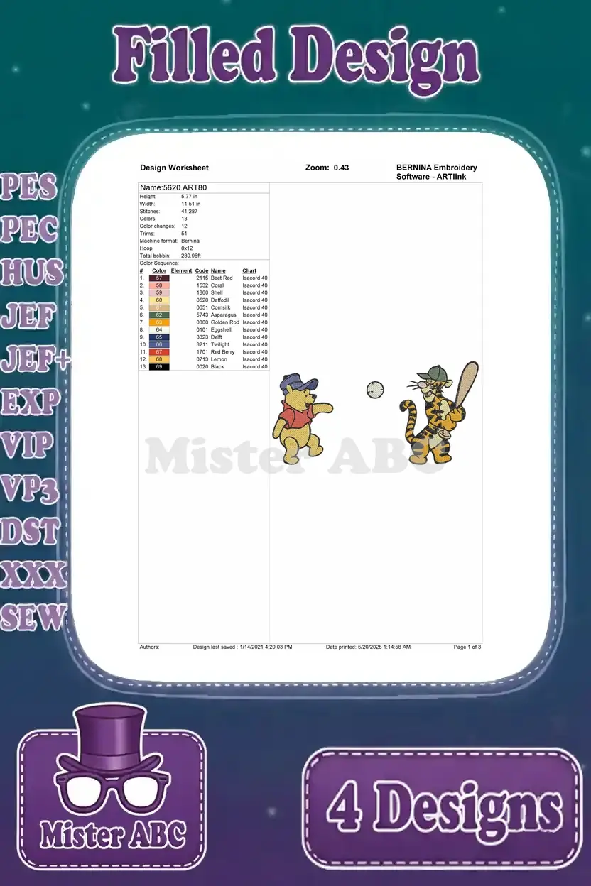 Design worksheet for Winnie the Pooh pitching baseball and Tigger batting, showing stitch count and thread details.