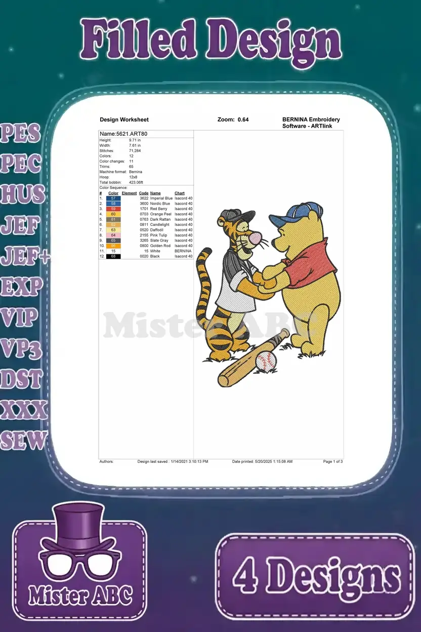 Design worksheet for Winnie the Pooh and Tigger playing baseball (Tigger batting), detailing stitches and colors.