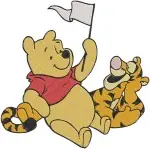 Winnie The Pooh And Tigger Playing Ball On Fence With Letter And Flag - Filled Embroidery Design - 5625