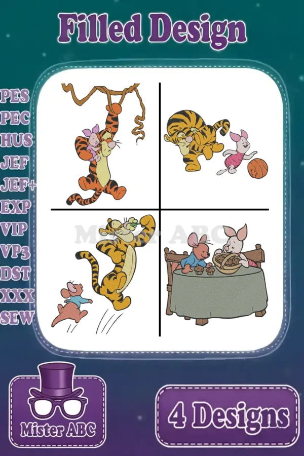 A vibrant main image showcasing four distinct filled embroidery designs of Tigger, Piglet, and Roo in various playful scenes.