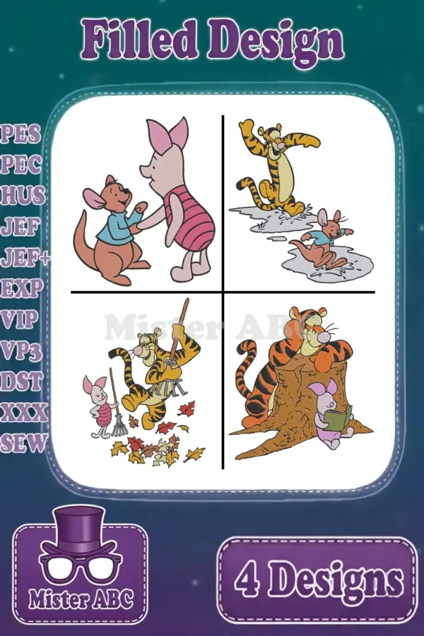 Four vibrant filled embroidery designs featuring Winnie the Pooh characters: Piglet & Roo, Tigger & Roo, Tigger & Piglet.
