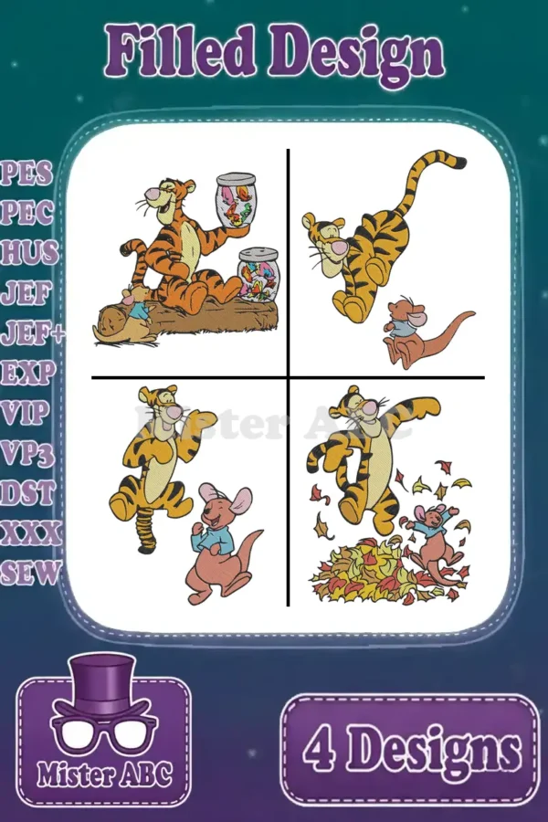 A vibrant embroidery bundle featuring four filled designs of Tigger and Roo in various playful poses.