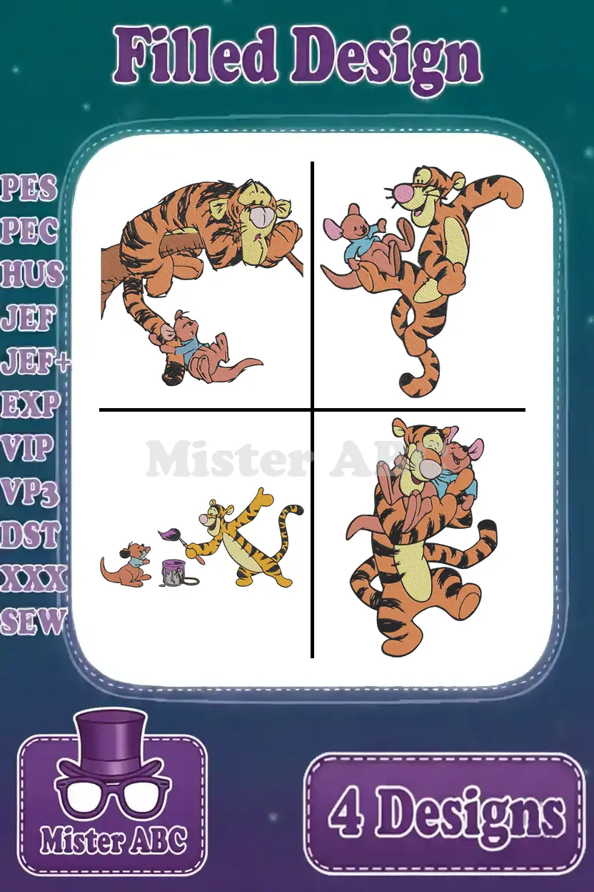 A vibrant main image showcasing four distinct filled embroidery designs of Tigger and Roo in various playful poses.
