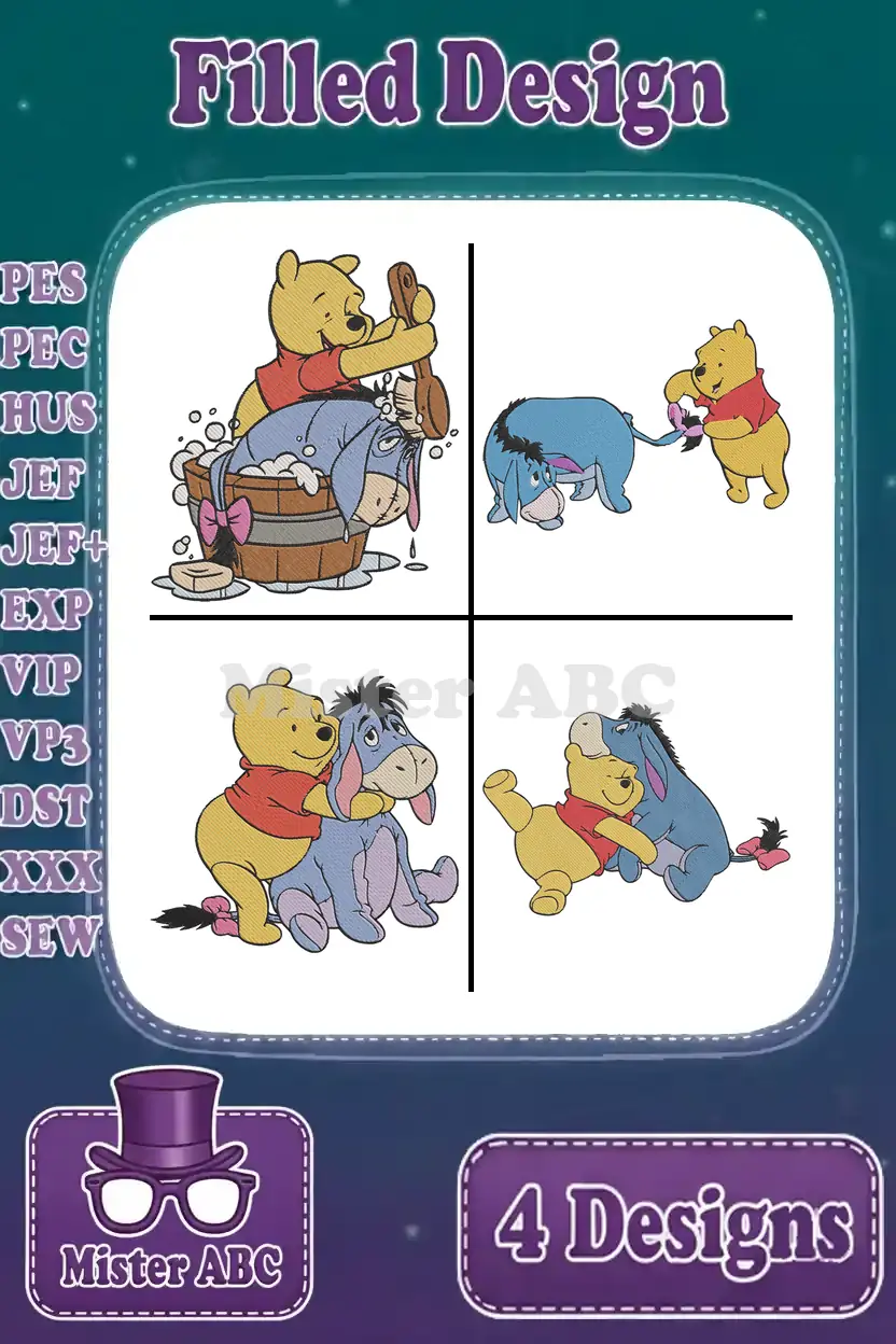 Four heartwarming filled embroidery designs featuring Winnie the Pooh and Eeyore. Supported file formats are clearly presented.