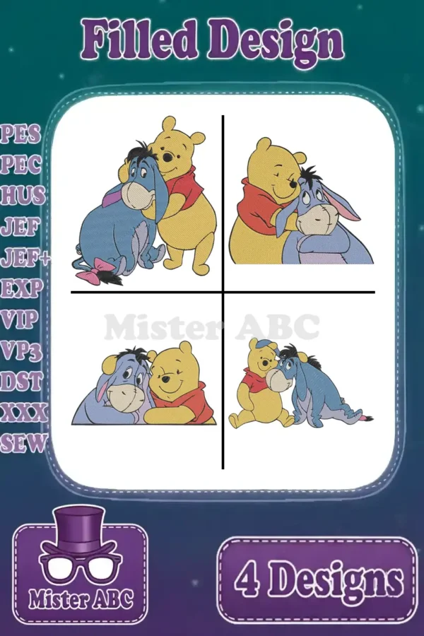 A vibrant display of four filled embroidery designs featuring Winnie the Pooh and Eeyore in various loving poses.