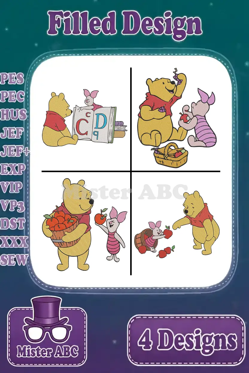 A vibrant display of four Winnie the Pooh and Piglet filled embroidery designs, showcasing various poses and activities, ready for stitching.