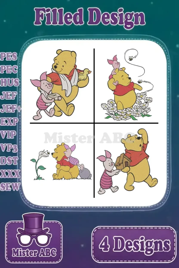 Four filled embroidery designs featuring Winnie the Pooh and Piglet in charming scenes, with supported file formats listed.