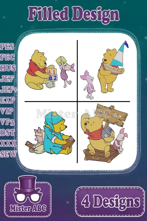 Four adorable Winnie the Pooh and Piglet filled embroidery designs, ready for various projects and garment decorations.