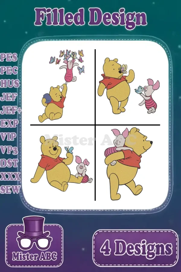 A vibrant main image featuring four filled embroidery designs of Winnie the Pooh and Piglet in various heartwarming poses.