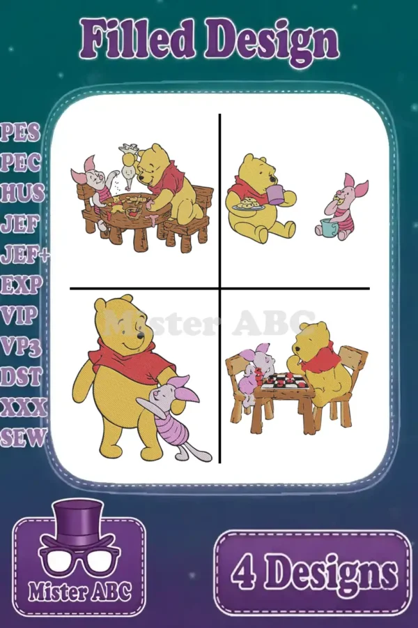 Overview of four filled embroidery designs featuring Winnie the Pooh and Piglet in various playful scenes.