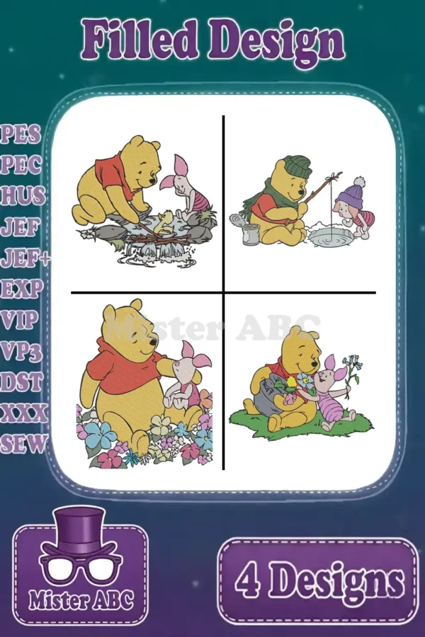 A vibrant display of four Winnie the Pooh and Piglet filled embroidery designs, showcasing various joyful scenes.