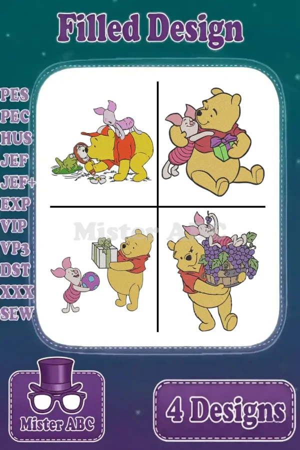 A vibrant collection of four Winnie the Pooh and Piglet filled embroidery designs, showcasing friendship and fun.